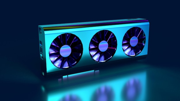 3d render video card in steampunk style neon light retrowave