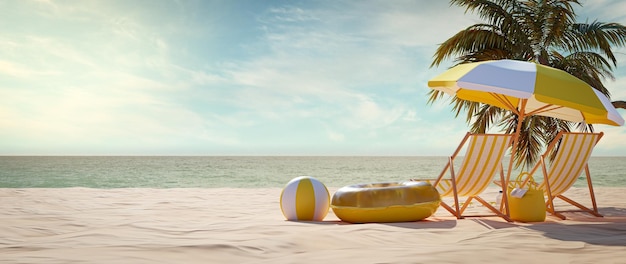 3D Render View of beach in summer holidays concept