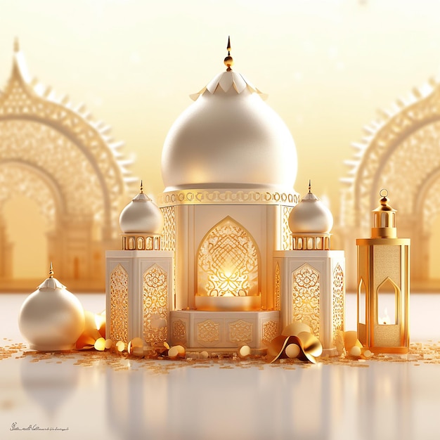 3D render View Golden white Mosque in clean Background with copy space for greeting eid adha or fitr