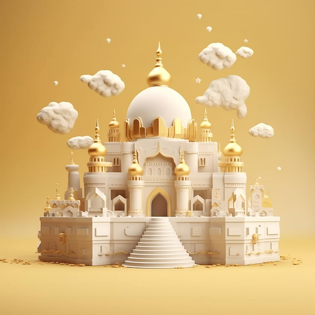 3Dレンダリングは、イード・アドハーまたはフィトルを挨拶するためのコピースペースを持つ、きれいな背景に金色の白いモスクを表示します