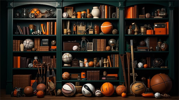 3D render of a vintage baseball and tennis equipment on a shelf