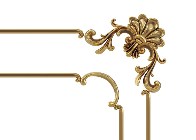 3D render of vintage gold baroque frame scroll gold ornament on transparent background