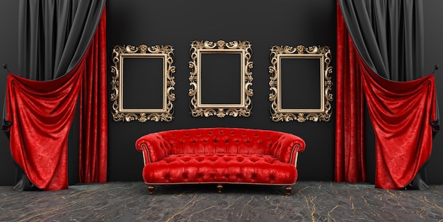 3d render of vintage luxury armchair and frame in room an empty
frame above the sofa in a black wall interior with black and red
curtains