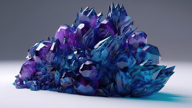 3D render violet blauwe kristallen groeien op witte rots Generatieve Ai