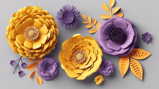 3D render violet gele ambachtelijke papieren bloemen bloemen clip art set generatieve Ai