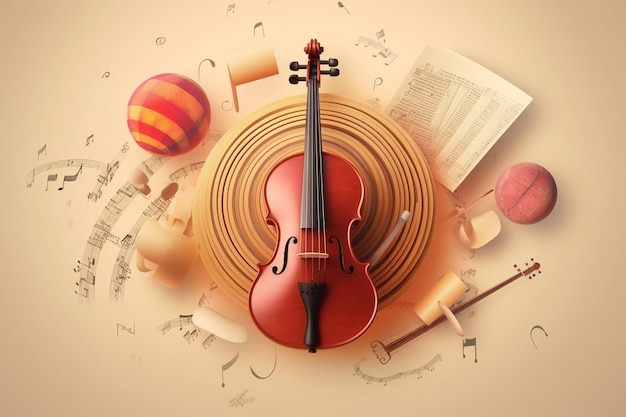 3d render of violin and music notes on beige background