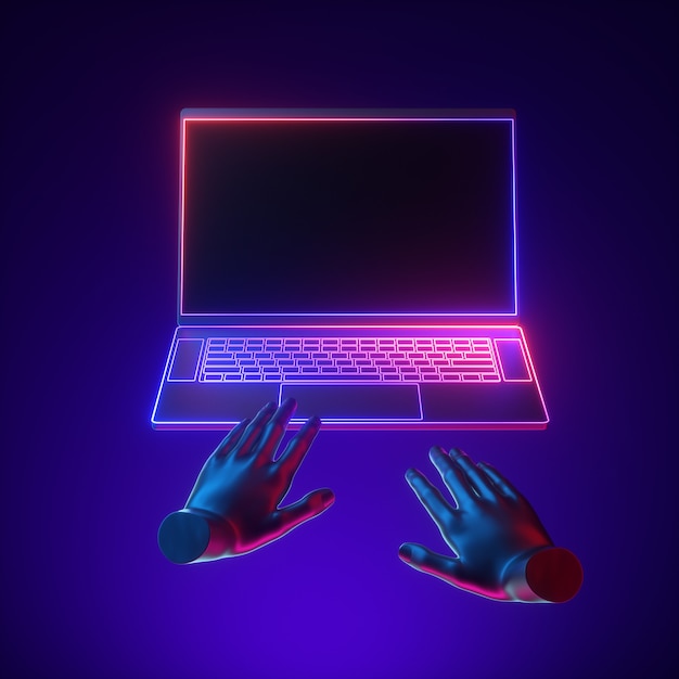 3d render of virtual hands in front of laptop neon glowing electronic device isolated