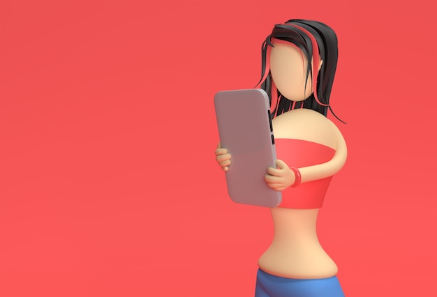 3D render vrouw met smartphone en leeg scherm op een rode achtergrond.