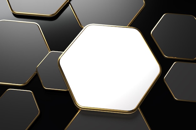 3D рендеринг обоев с шестигранной золотой линией современного черного цвета для сетевого технологического инновационного стиля