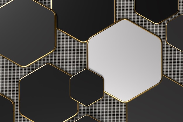 Photo 3d render wallpaper hexagon gold line modern black color for networking tech inovative style