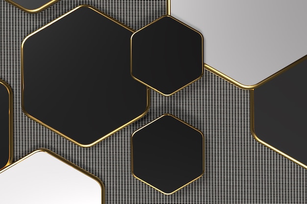 Foto sfondo di rendering 3d linea oro esagonale moderna colore nero per uno stile innovativo e tecnologico di rete