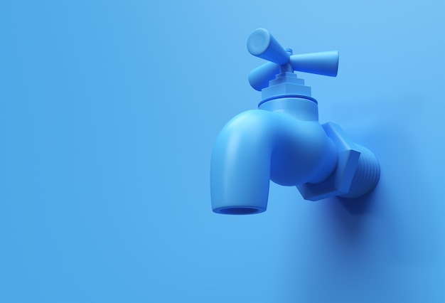 3D Render Water Tap with a water stream isolated on Blue Background 3d illustration.