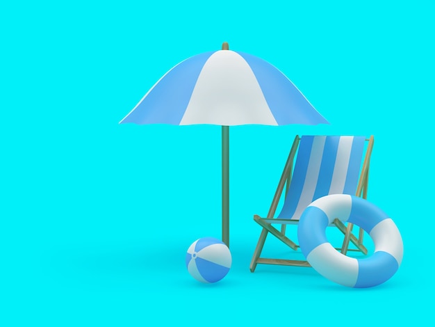 3d render white and blue deck chair, umbrella, lifebuoy and beach ball on blue background