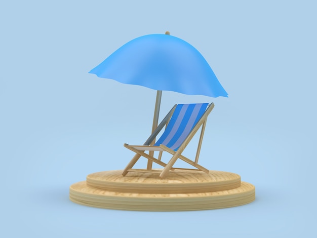 3d render white and blue deck chair and umbrella on wooden podium on light blue background