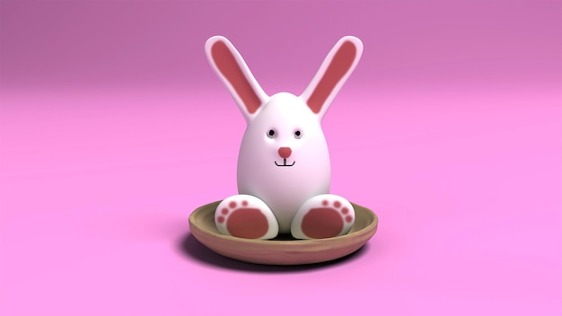 Rendering 3d coniglietto bianco faccia coniglio uovo di pasqua con orecchio lungo impostato su cesto su sfondo rosa