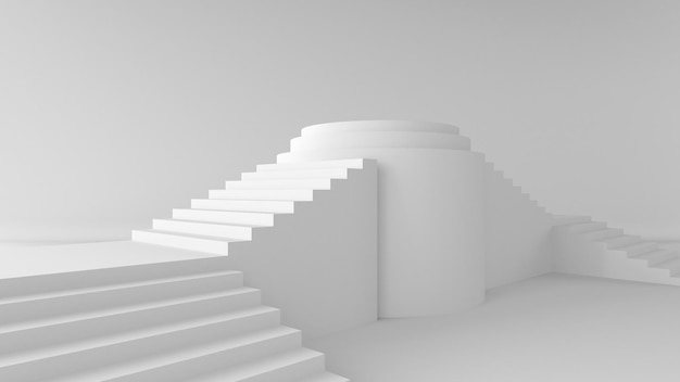3D Render White circle podium and stair for premium object