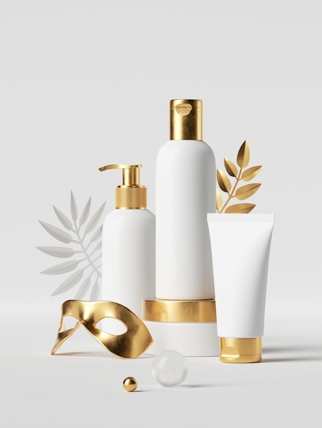 Фото 3d рендеринг белых косметических бутылок с золотыми крышками, тропическими листьями и маской