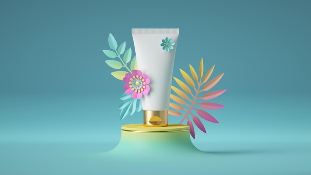 3d render white cosmetic cream tube with golden cap placed on pedestal