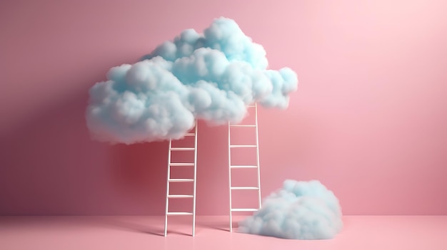 3d render white fluffy cloud above the blue ladder Generative Ai