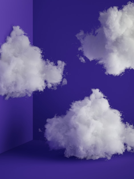 3d render of white fluffy clouds levitating inside the minimal room interior 