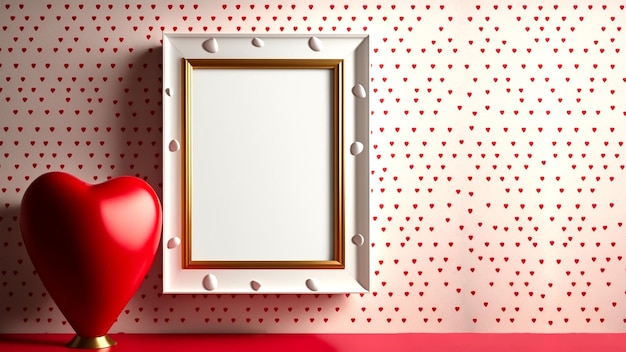 3D Render White And Golden Photo Frame With Space For Image Against Red Tiny Hearts Wall And Shiny Heart Stand Love Concept