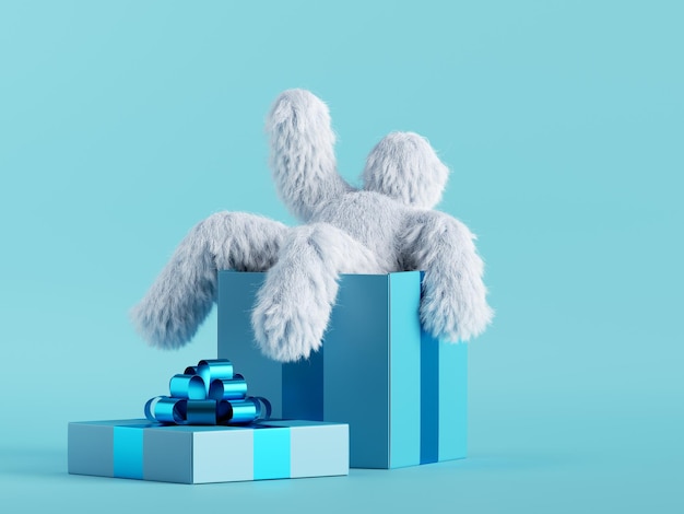 3d render white hairy yeti sits inside the big gift box