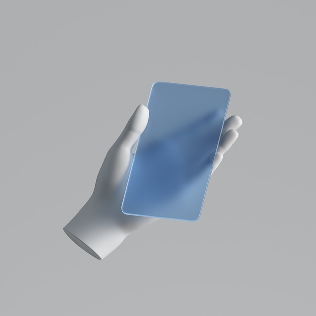 Rendering 3d, mano di manichino bianco che tiene telefono astuto di vetro blu, dispositivo elettronico isolato su priorità bassa bianca.