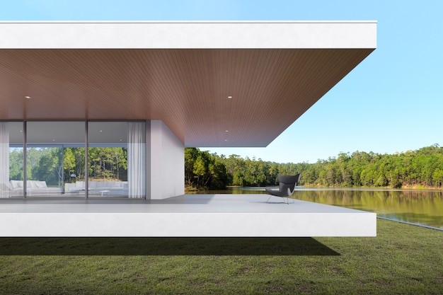 호수 배경에 대형 테라스가 있는 흰색 현대식 주택의 3D 렌더링, 대형 창문 디자인이 있는 외부.