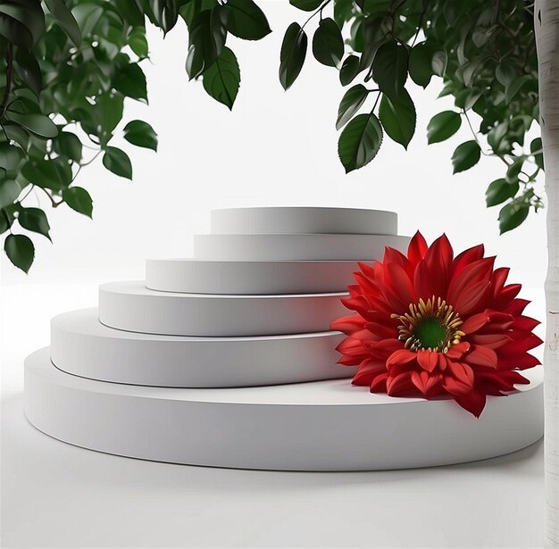 3d render of white podium with red flower