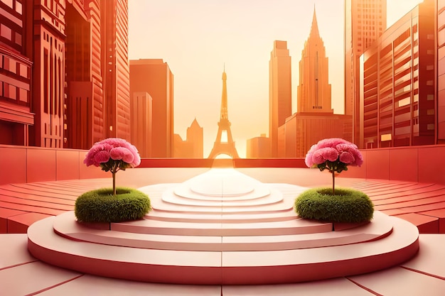 3d render of white podium with red flowers and beautiful sky background