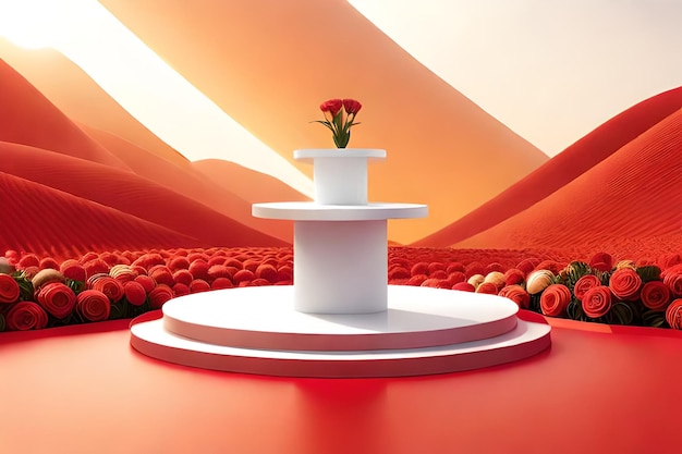 3d render of white podium with red flowers and beautiful sky background
