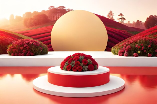 3d render of white podium with red flowers and beautiful sky background