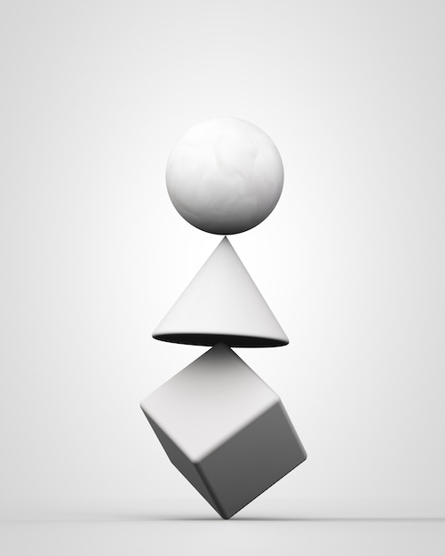 3d render white unstable balancing structure with geometrical shapes on white background