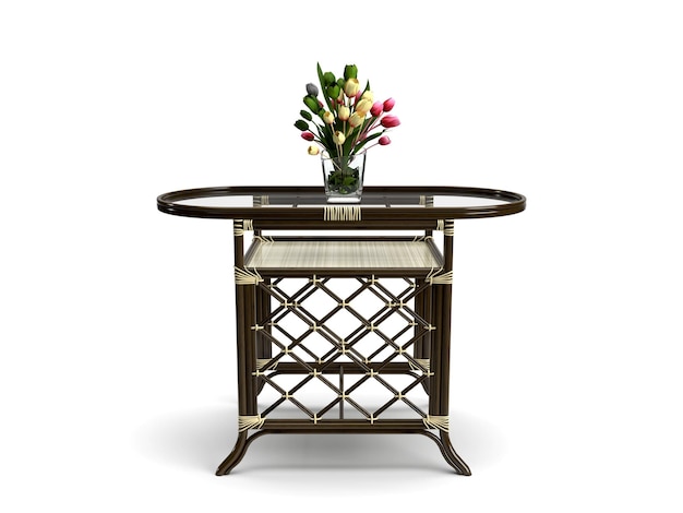 3d render wicker wooden table with glass surface and a bouquet of flowers on the table