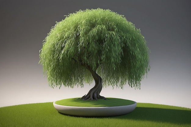 Photo 3d render of a willow tree on a grassy globe