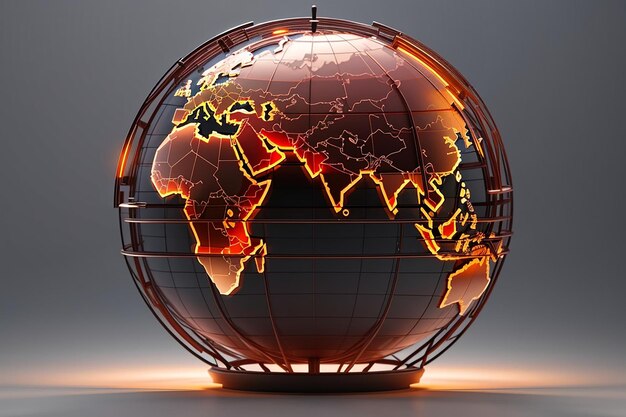 3d render of a wireframe globe on fiery