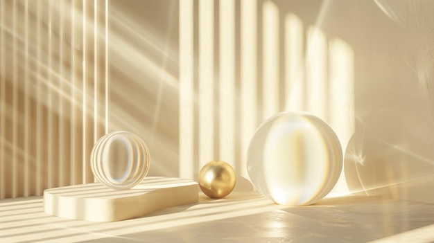 A 3D render with an abstract beige background with sunlight rays A modern minimal showcase scene with two podiums a golden sphere and a glass ball