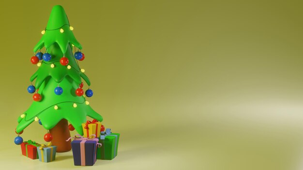 새해와 크리스마스를 위해 노란색 배경에 크리스마스 트리와 선물이 있는 3D 렌더링