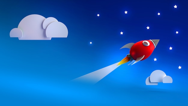 3d render with red rocket across the sky