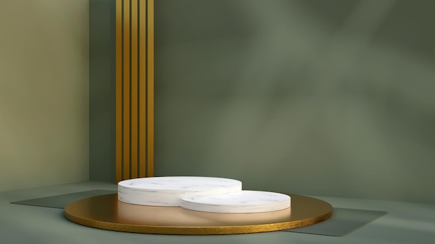 Photo 3d render with side view cylinder marble pedestals in green angle room premium advertising mockup