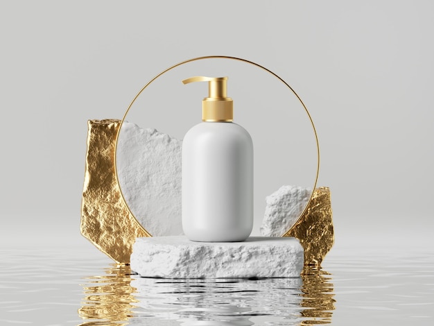 3d render witte cosmetische fles pot met gouden dispenser dop geplaatst op ruwe kasseien platform