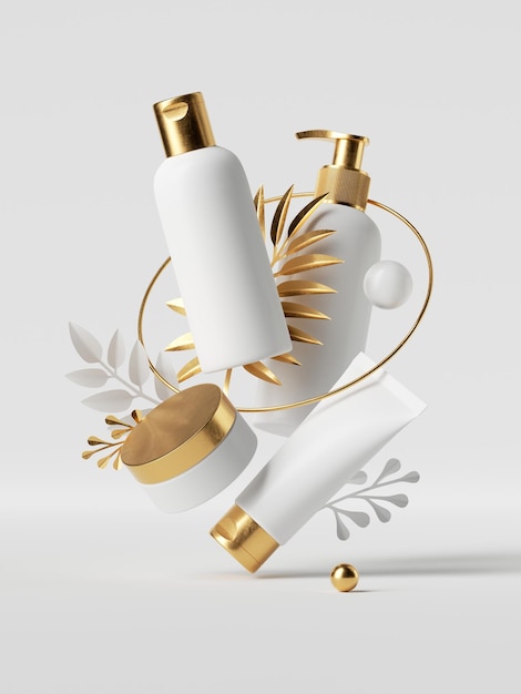 3D render witte cosmetische flessen met gouden doppen geïsoleerd op een witte achtergrond