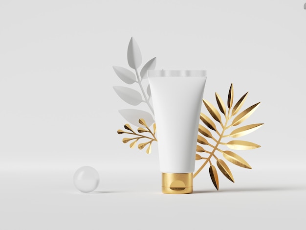 3D render witte crème tube met gouden dop en decoratieve tropische palmbladeren
