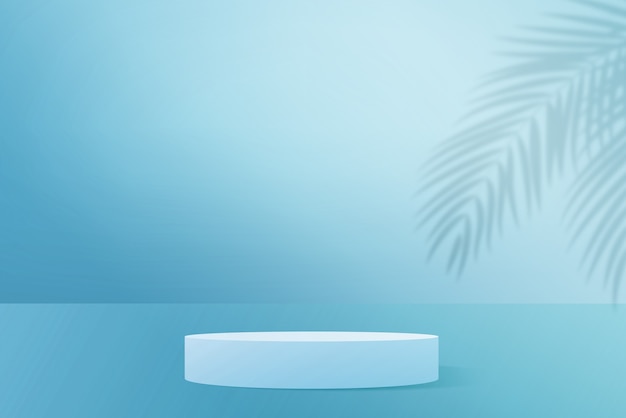 3D render witte podia met palmbladschaduw op lichtblauwe achtergrond