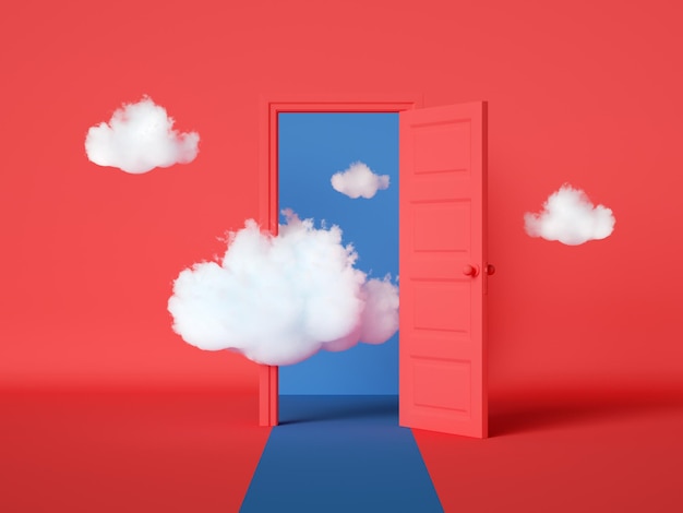 3D render witte wolken die door de open deur objecten vliegen