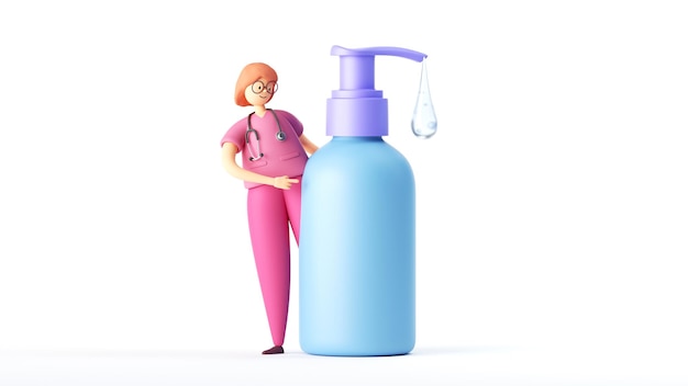 3d render woman doctor cartoon character stands near the big dispenser bottle with liquid soap