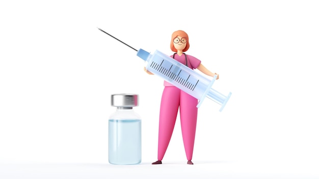 Фото 3d визуализация женщина-врач мультипликационный персонаж носит розовую форму, держит большой шприц