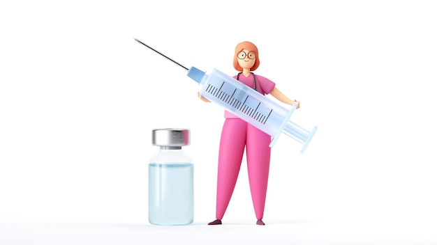 3d render Woman doctor cartoon character wears pink uniform holds big syringe