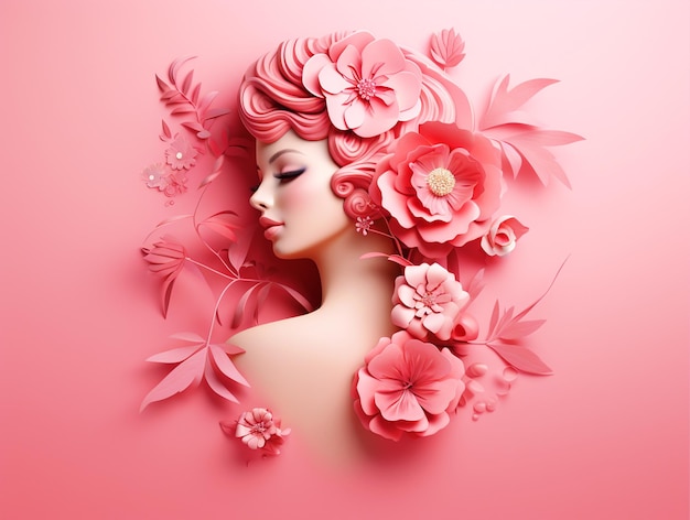 3D render woman face with flowers on isolated pink background