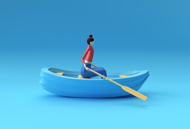 Rendering 3d di una donna divertente sull'illustrazione 3d della barca.